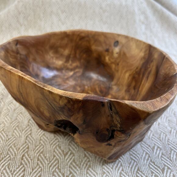 Burl Wood Hand Carved Bowl Rustic Natural Art Stamped CON2 Brown Approx 10" x 7" - Picture 3 of 13